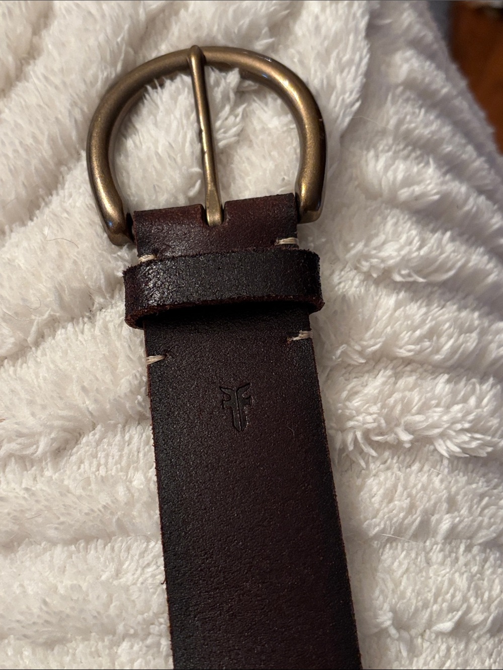 Genuine Woman’s Frye Dark Brown Leather Belt with Antique Brass Buckle